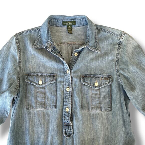 Lauren Ralph Lauren Shirt Dress Women's Size 6 Chambray Waist Tie Embroidered - Picture 5 of 7